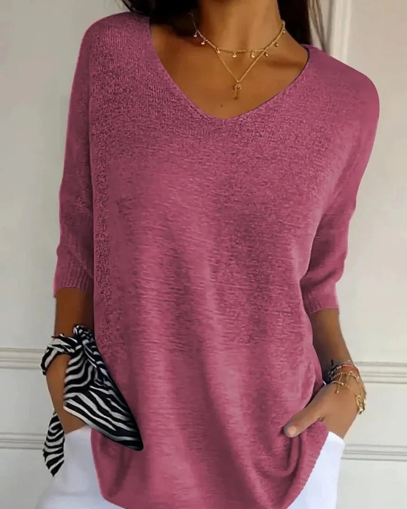 Alltag Damen lockere Strickbluse mit V-Ausschnitt | 3/4-Arm