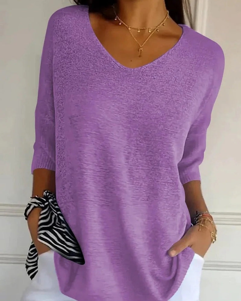 Alltag Damen lockere Strickbluse mit V-Ausschnitt | 3/4-Arm