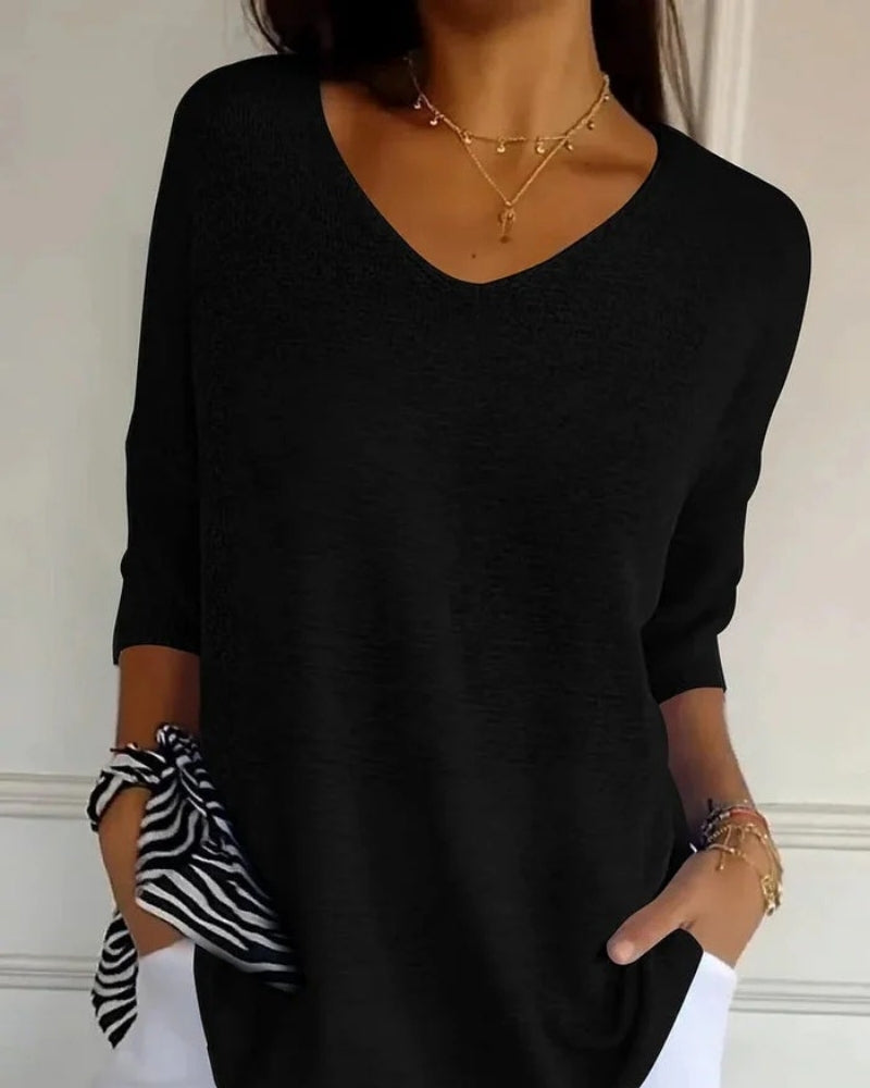 Alltag Damen lockere Strickbluse mit V-Ausschnitt | 3/4-Arm