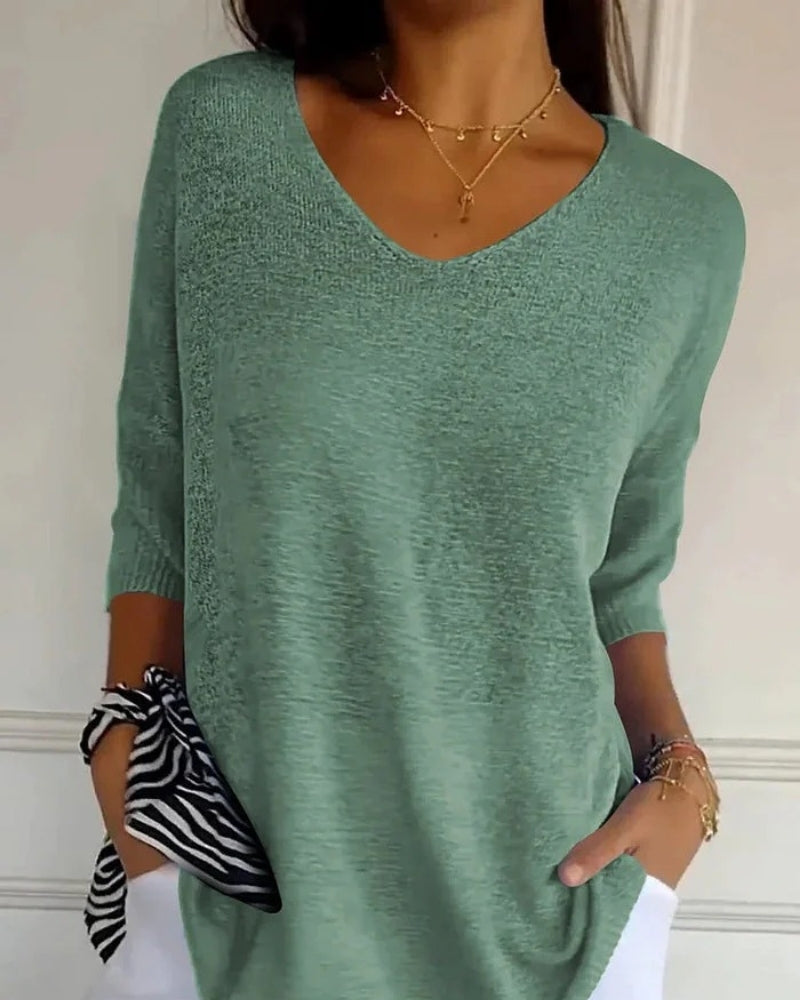 Alltag Damen lockere Strickbluse mit V-Ausschnitt | 3/4-Arm