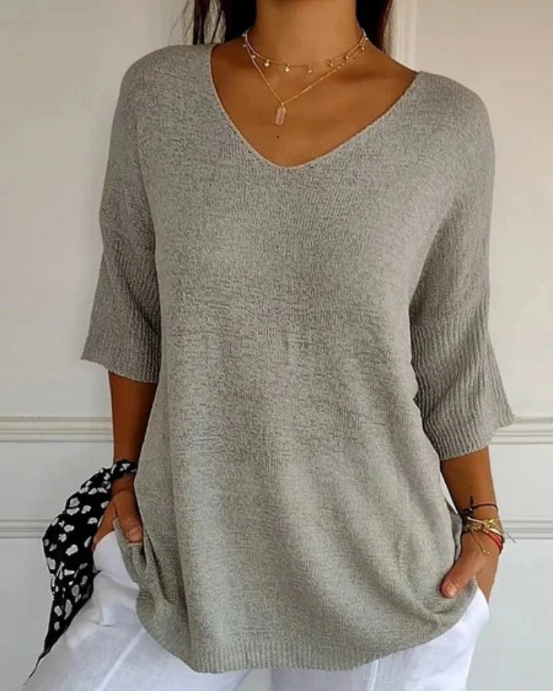 Alltag Damen lockere Strickbluse mit V-Ausschnitt | 3/4-Arm