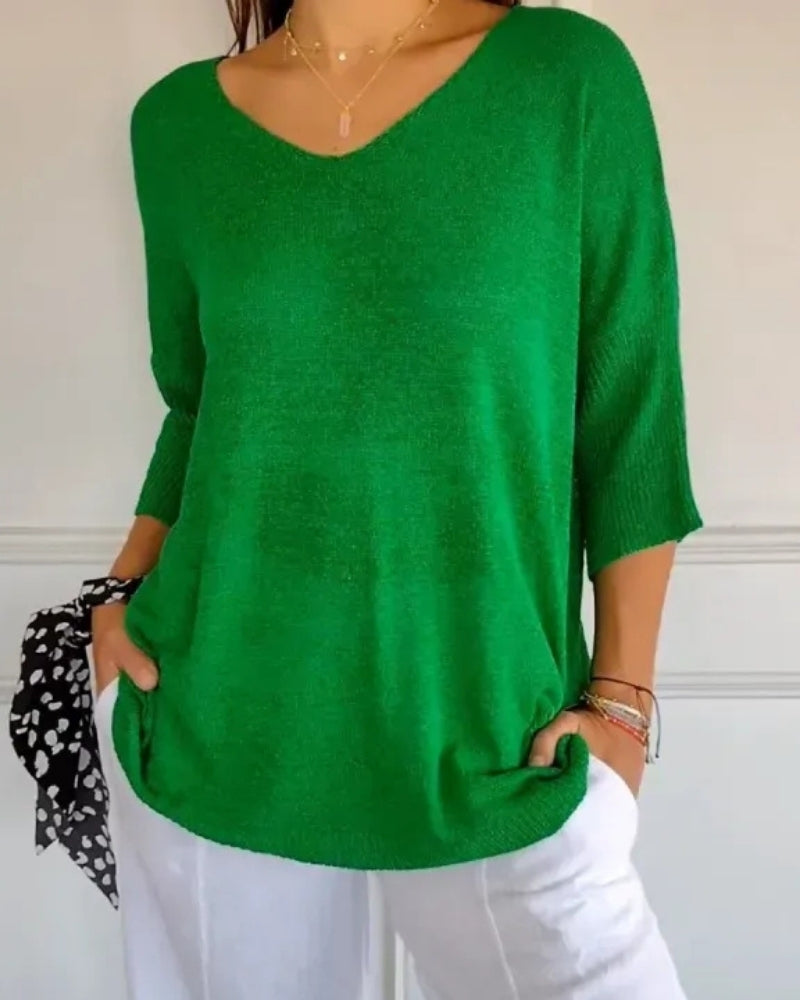 Alltag Damen lockere Strickbluse mit V-Ausschnitt | 3/4-Arm
