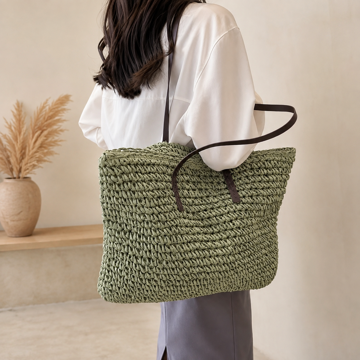 Alva | Damen Stilvolle Boho Stroh Tote Bag