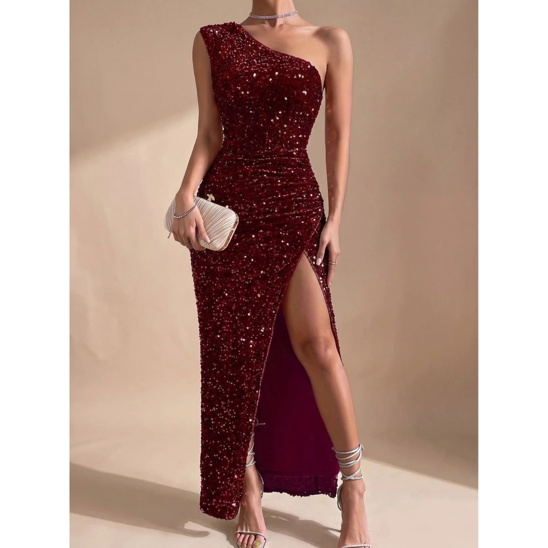 Amalia | Damen Maxi Kleid mit Pailletten und Schulter Design