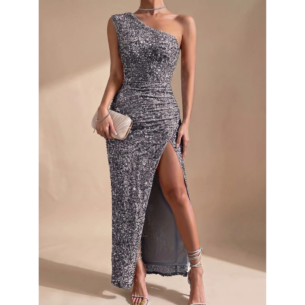 Amalia | Damen Maxi Kleid mit Pailletten und Schulter Design