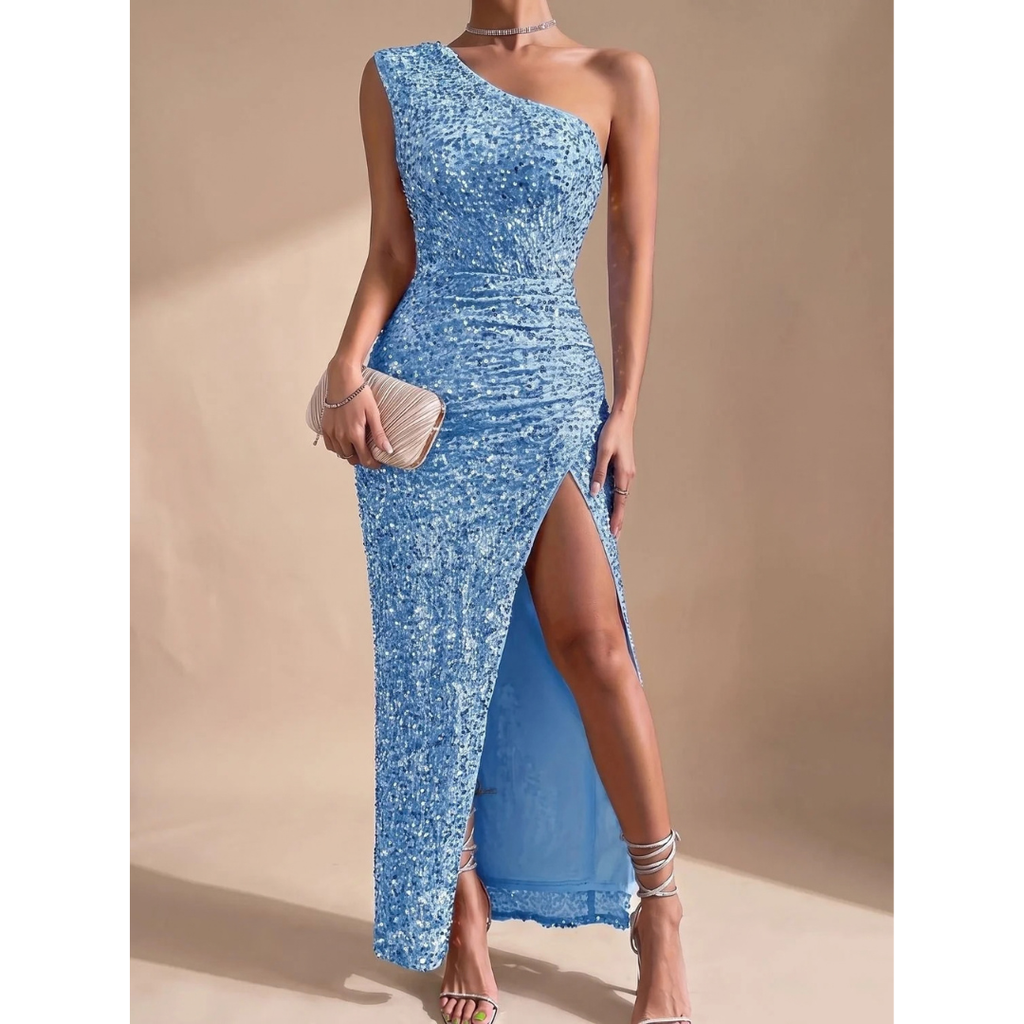 Amalia | Damen Maxi Kleid mit Pailletten und Schulter Design
