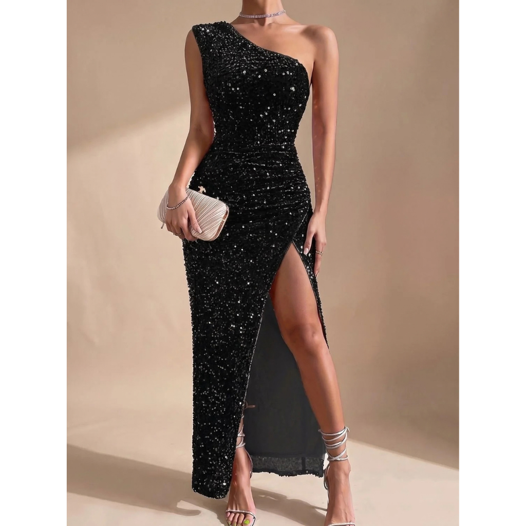 Amalia | Damen Maxi Kleid mit Pailletten und Schulter Design