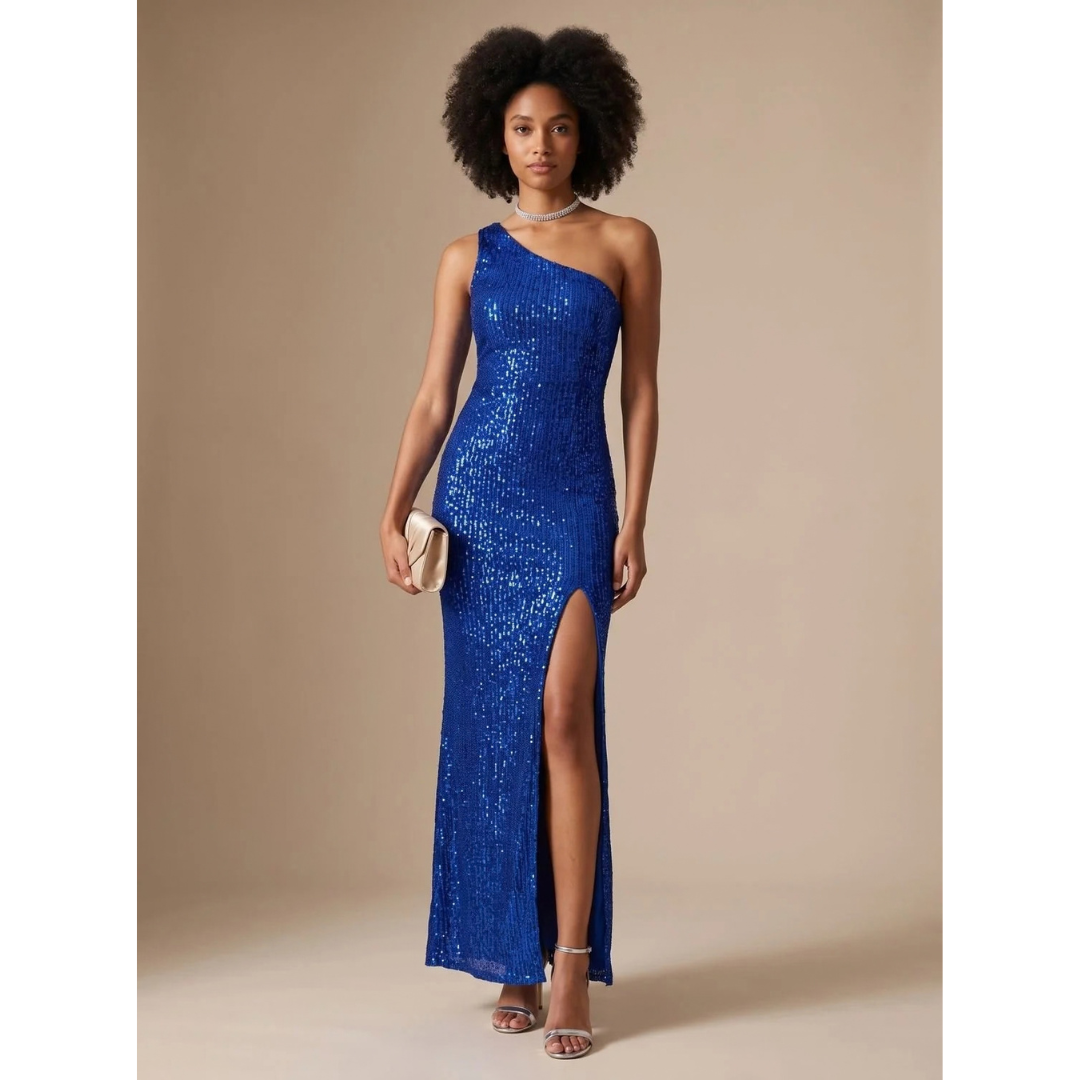 Amalia | Damen Maxi Kleid mit Pailletten und Schulter Design