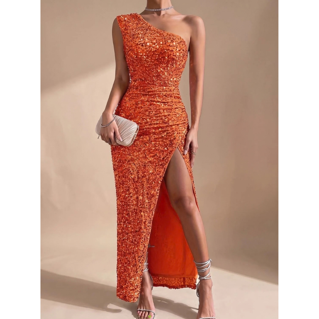 Amalia | Damen Maxi Kleid mit Pailletten und Schulter Design