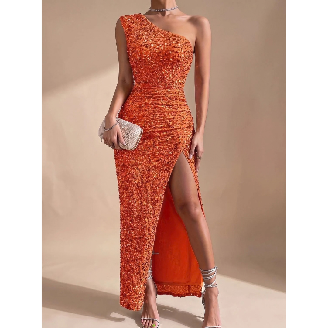 Amalia | Damen Maxi Kleid mit Pailletten und Schulter Design
