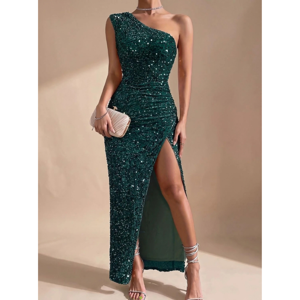 Amalia | Damen Maxi Kleid mit Pailletten und Schulter Design