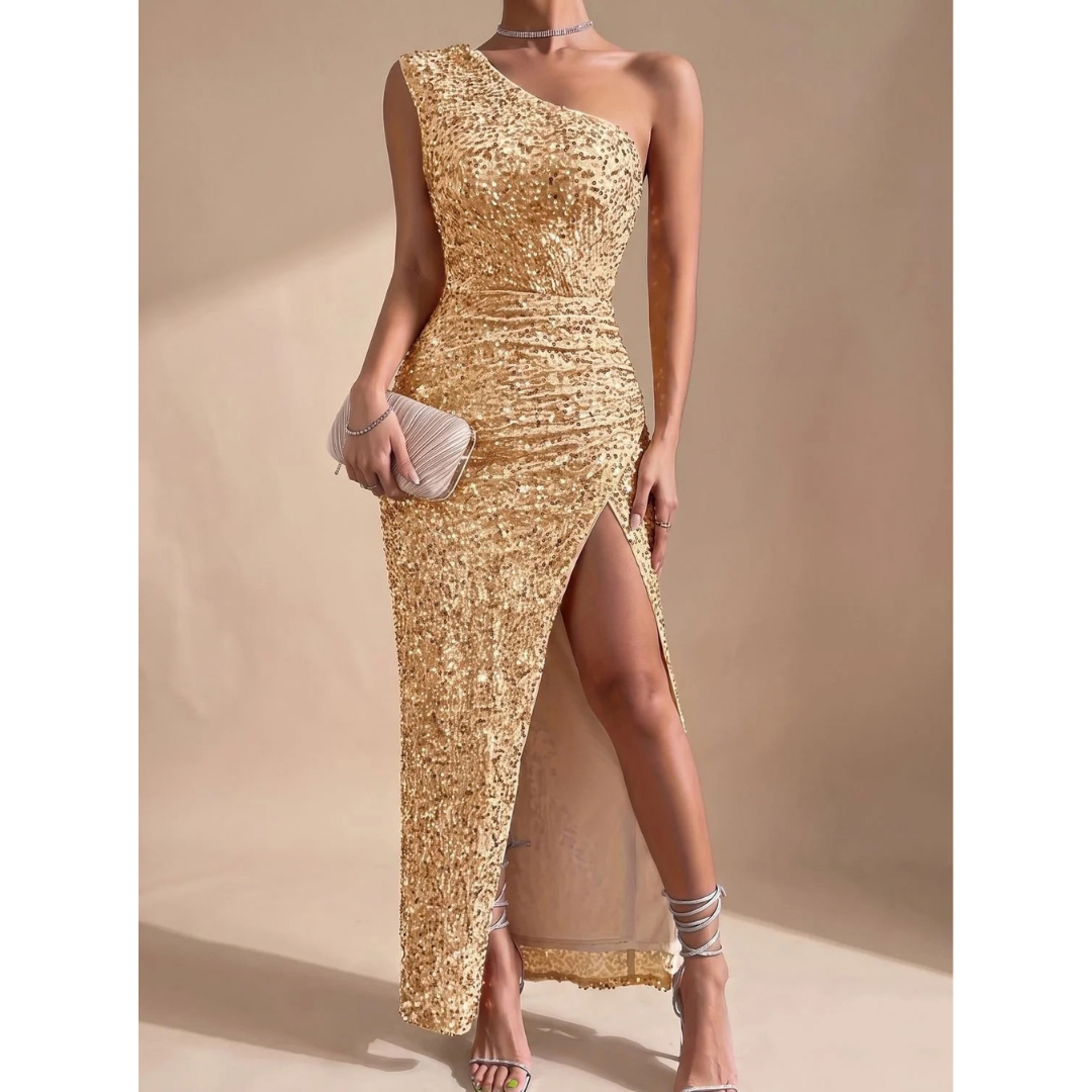 Amalia | Damen Maxi Kleid mit Pailletten und Schulter Design