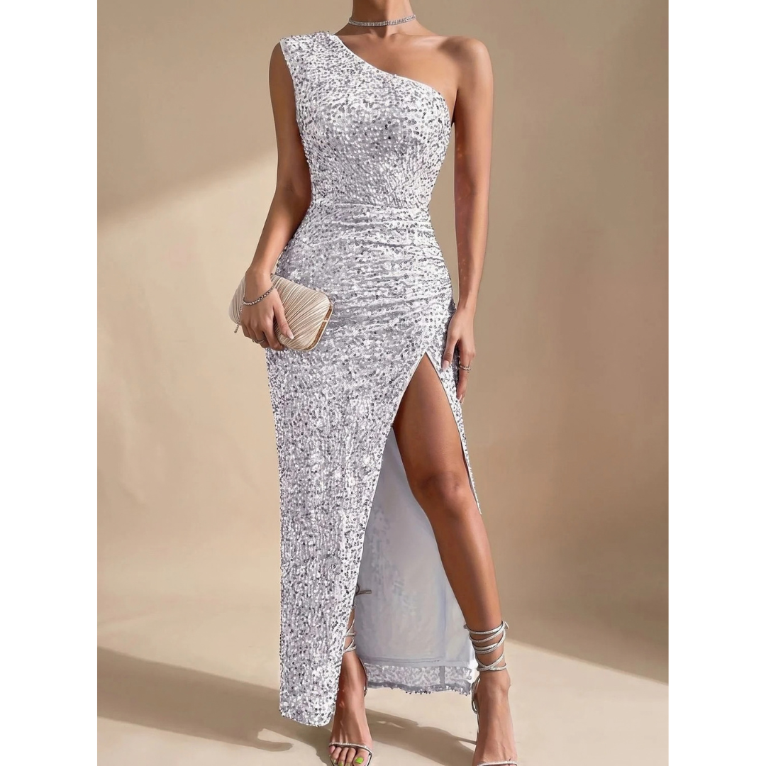 Amalia | Damen Maxi Kleid mit Pailletten und Schulter Design