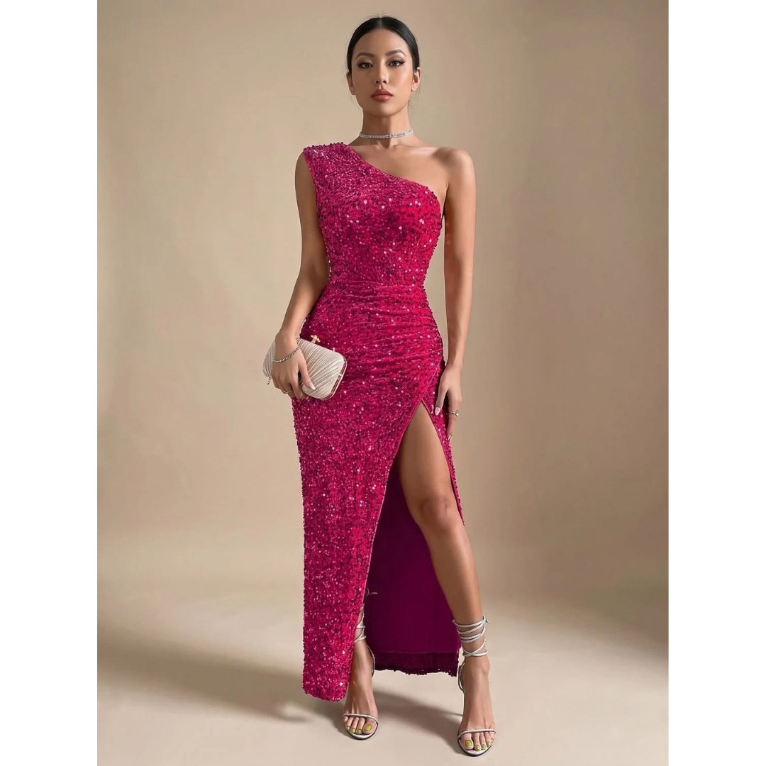 Amalia | Damen Maxi Kleid mit Pailletten und Schulter Design