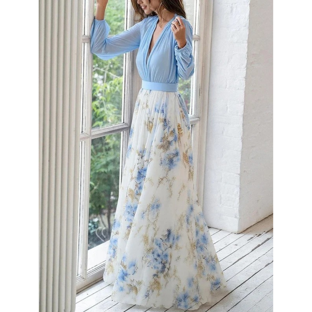 Amara | Damen Blau Weißes Langarm Maxikleid mit Blumenmuster