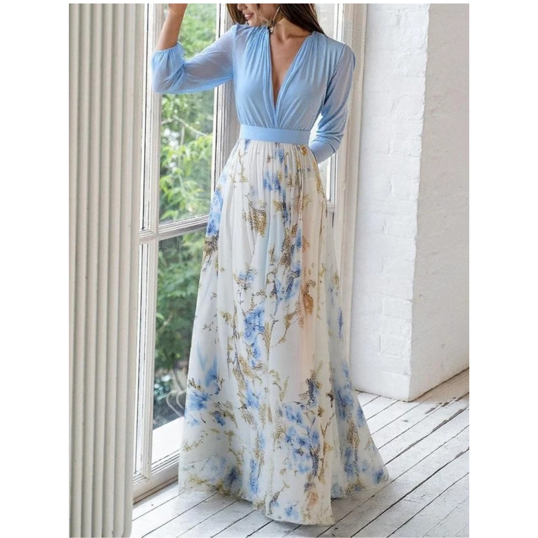 Amara | Damen Blau Weißes Langarm Maxikleid mit Blumenmuster