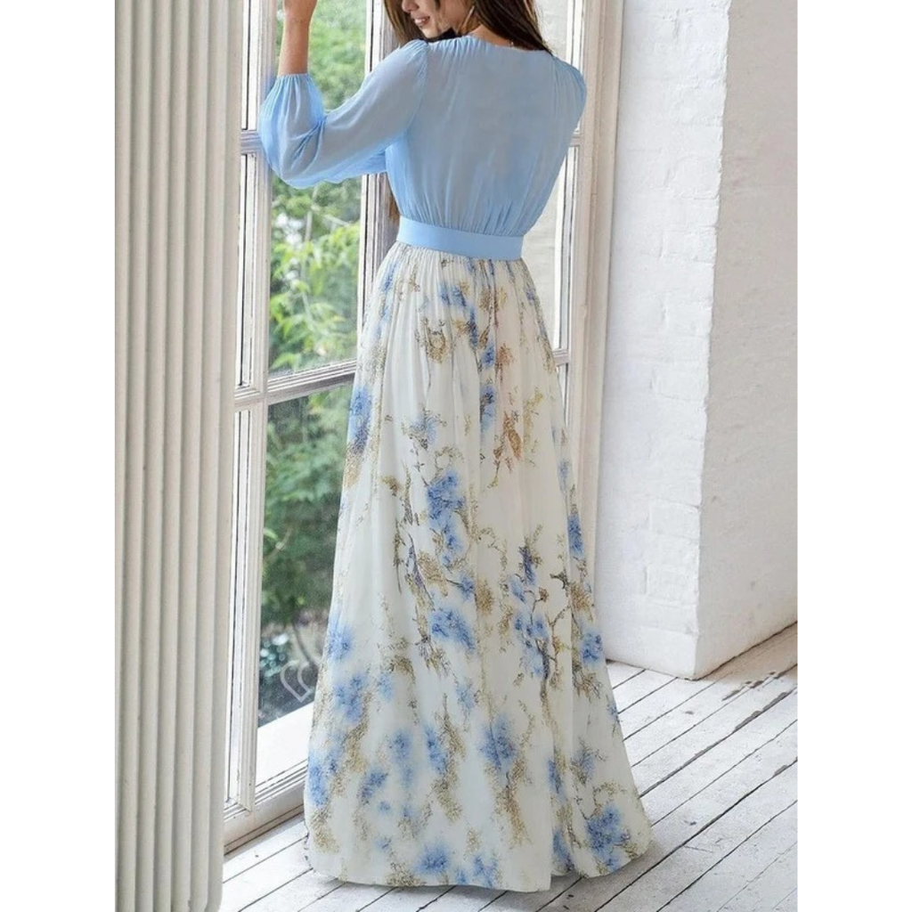 Amara | Damen Blau Weißes Langarm Maxikleid mit Blumenmuster