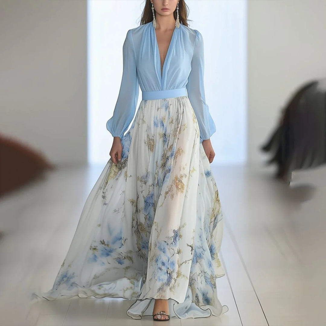 Amara | Damen Blau Weißes Langarm Maxikleid mit Blumenmuster