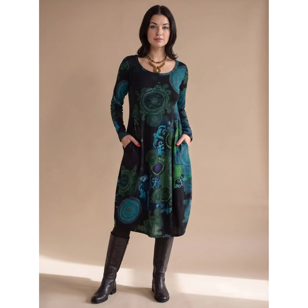 Amara | Damen Midikleid mit Taschen und langem Schnitt im Muster Stil