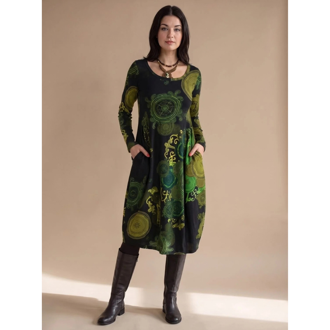 Amara | Damen Midikleid mit Taschen und langem Schnitt im Muster Stil