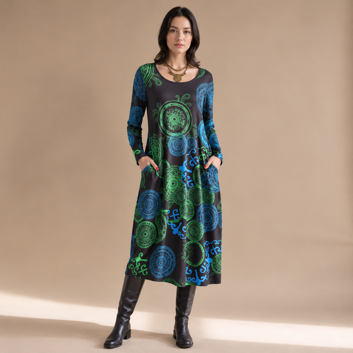 Amara | Damen Midikleid mit Taschen und langem Schnitt im Muster Stil