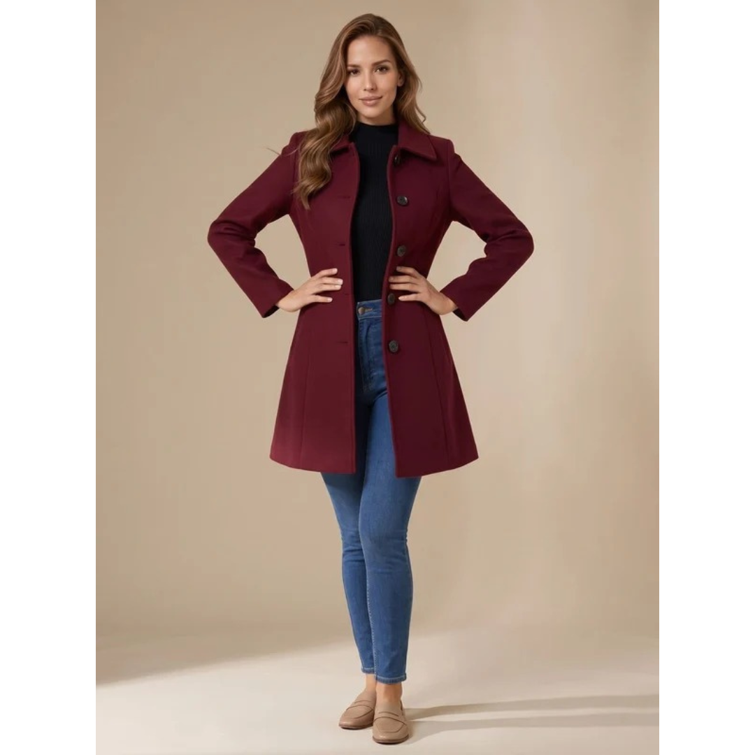 Amea | Damen Trench Coat lang geschnitten mit Kragen und Knöpfen