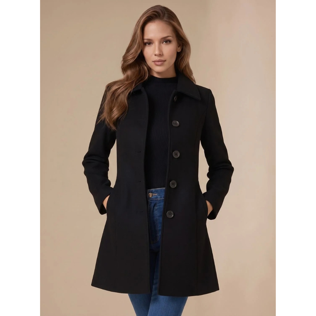 Amea | Damen Trench Coat lang geschnitten mit Kragen und Knöpfen