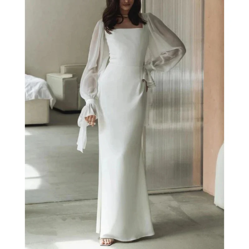 Amelie | Damen Hochzeitskleid Maxi Mit Langen Ärmeln