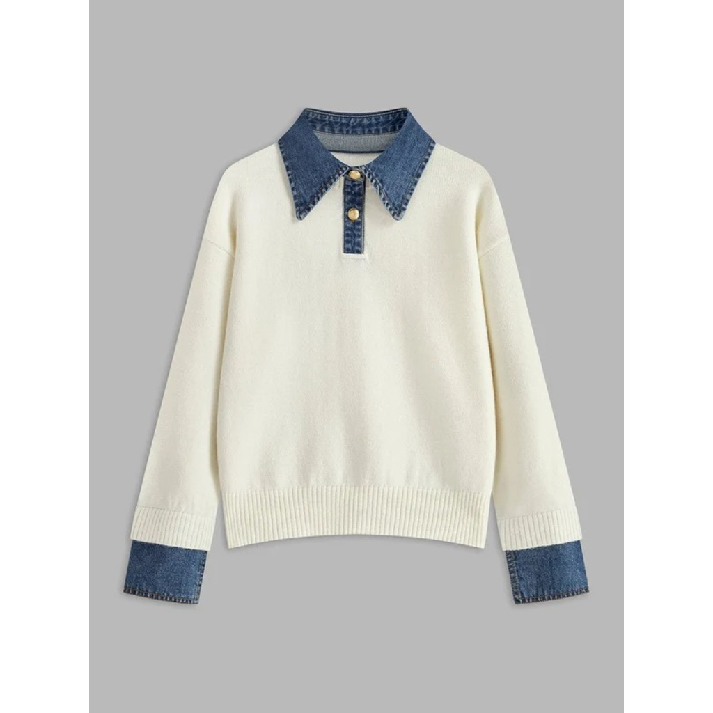 Amelie | Damen Langarm Strick Pullover mit Hemdkragen