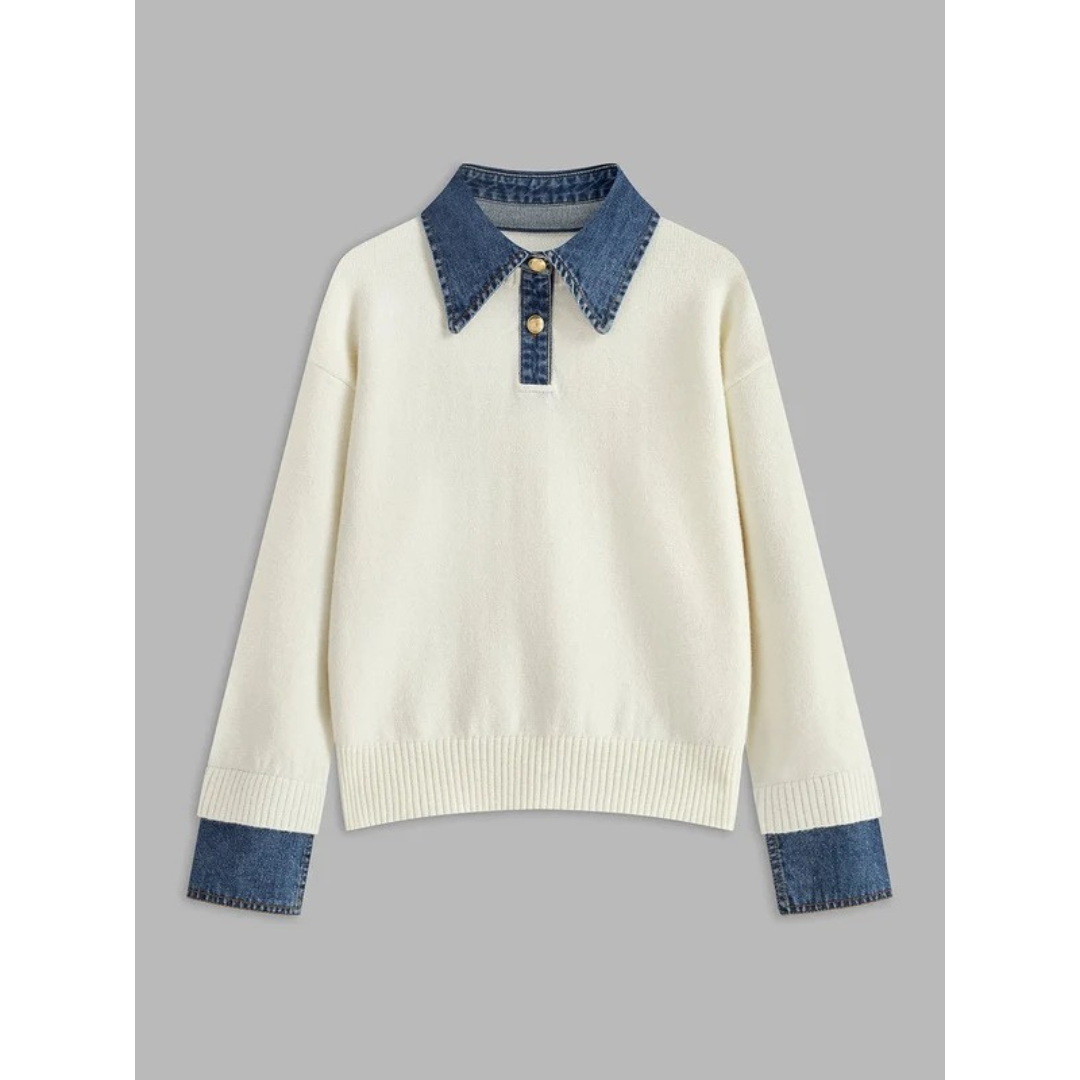 Amelie | Damen Langarm Strick Pullover mit Hemdkragen