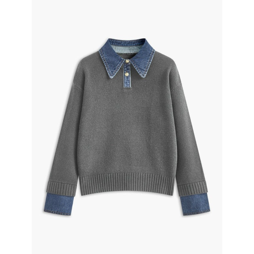 Amelie | Damen Langarm Strick Pullover mit Hemdkragen
