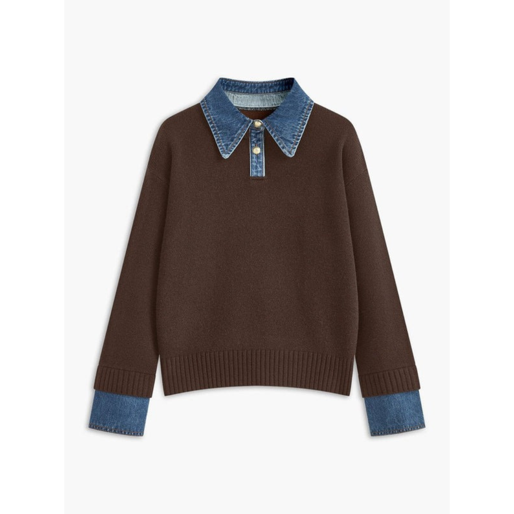 Amelie | Damen Langarm Strick Pullover mit Hemdkragen