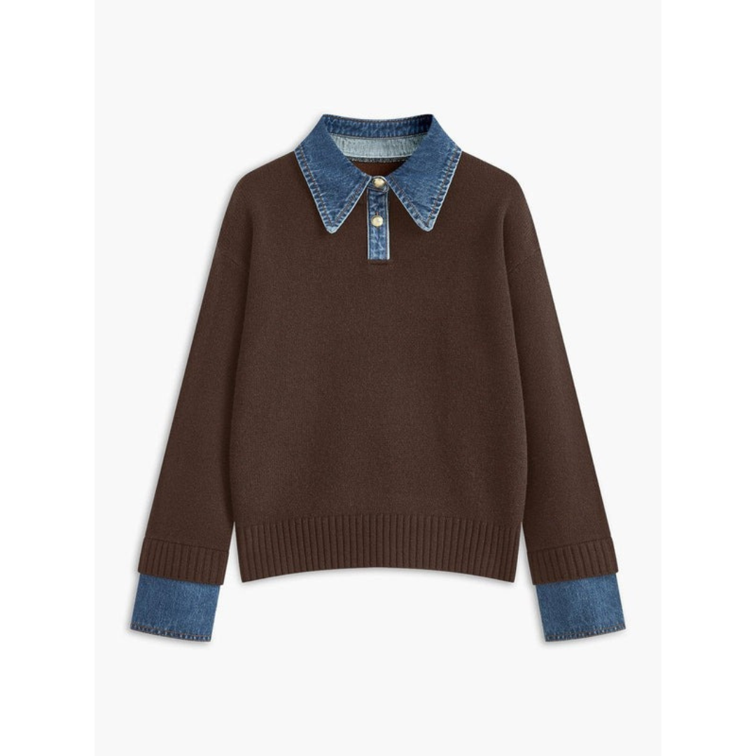 Amelie | Damen Langarm Strick Pullover mit Hemdkragen