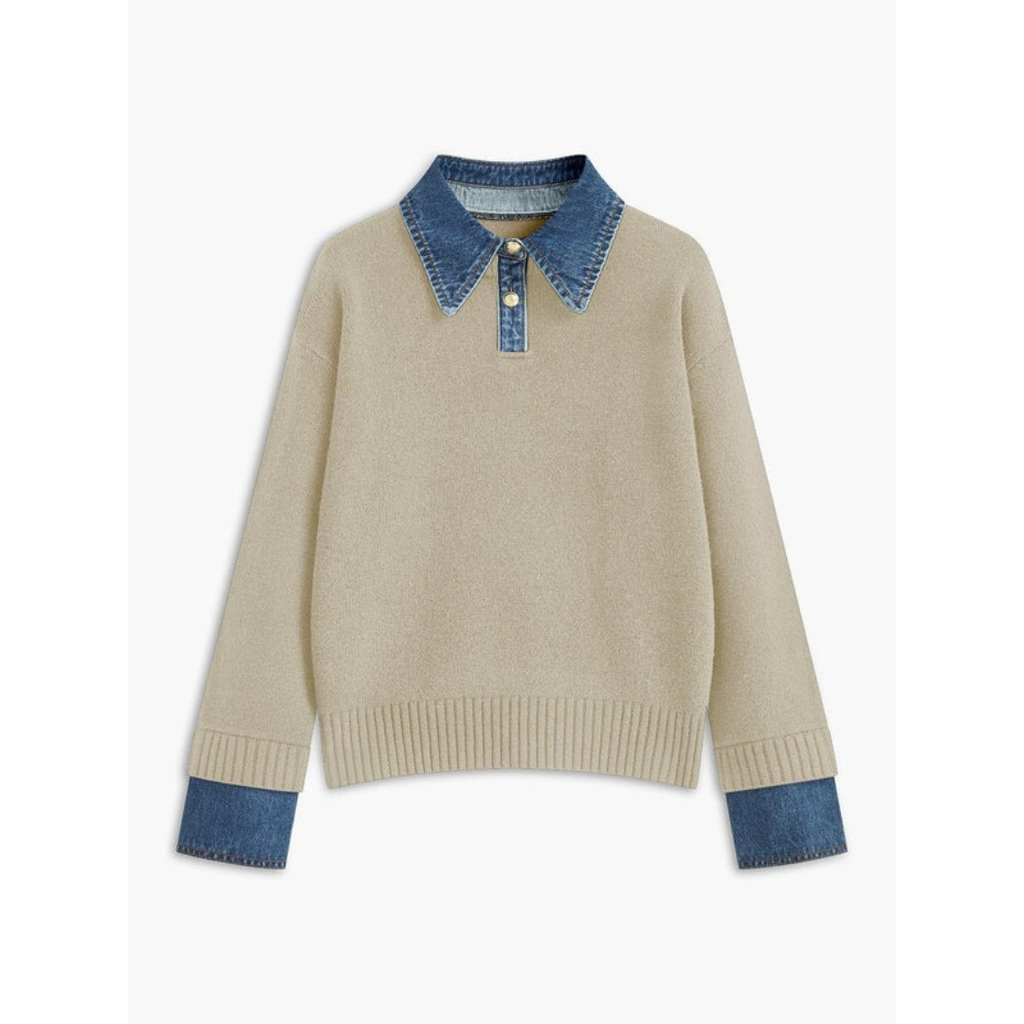 Amelie | Damen Langarm Strick Pullover mit Hemdkragen