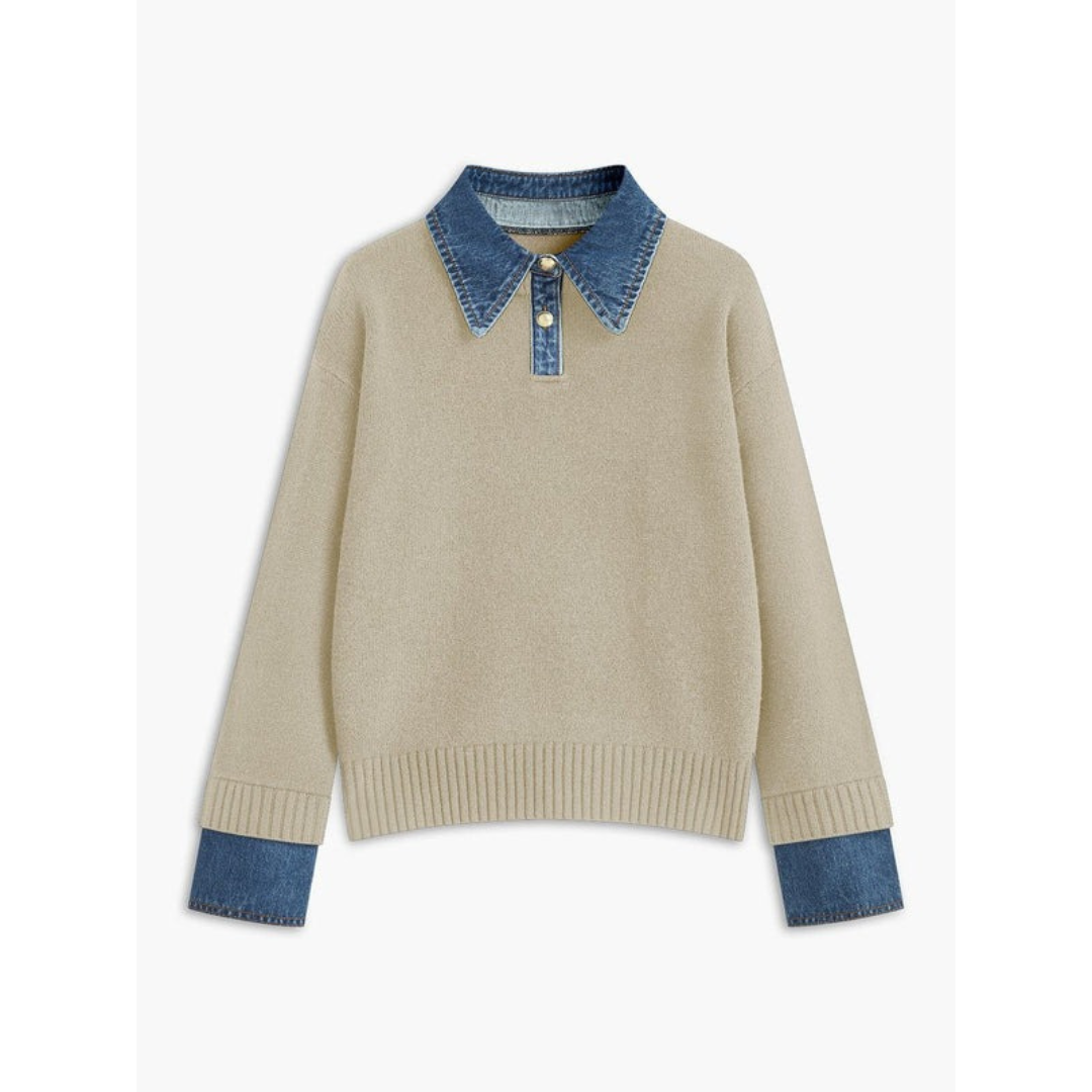 Amelie | Damen Langarm Strick Pullover mit Hemdkragen