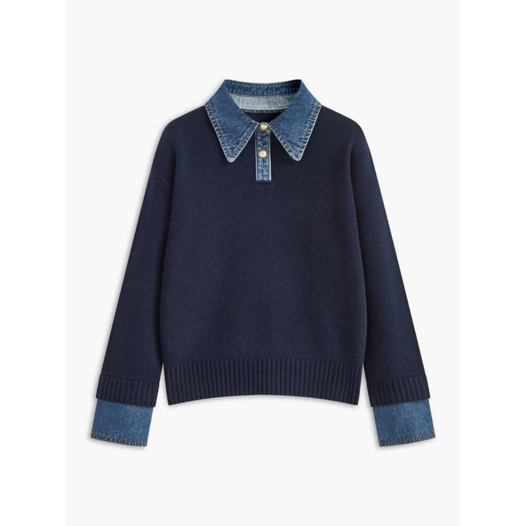 Amelie | Damen Langarm Strick Pullover mit Hemdkragen