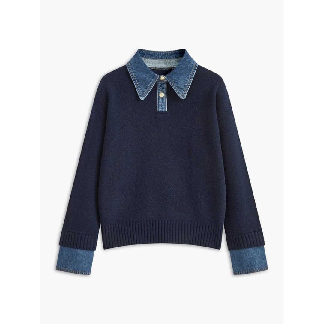 Amelie | Damen Langarm Strick Pullover mit Hemdkragen