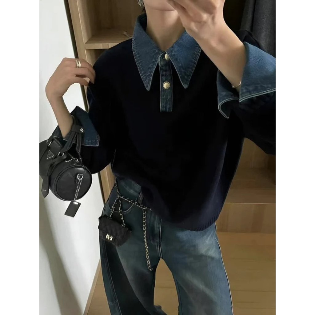 Amelie | Damen Langarm Strick Pullover mit Hemdkragen