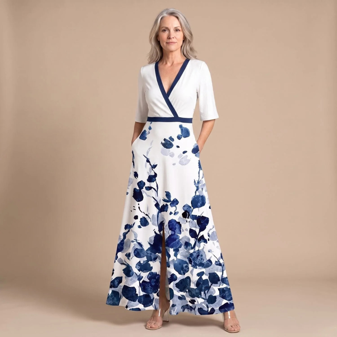 Angelika | Damen Abendkleid mit V-Ausschnitt und Langarm