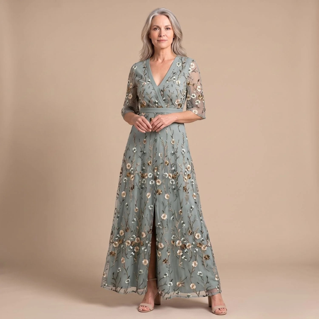 Angelika | Damen Abendkleid mit V-Ausschnitt und Langarm