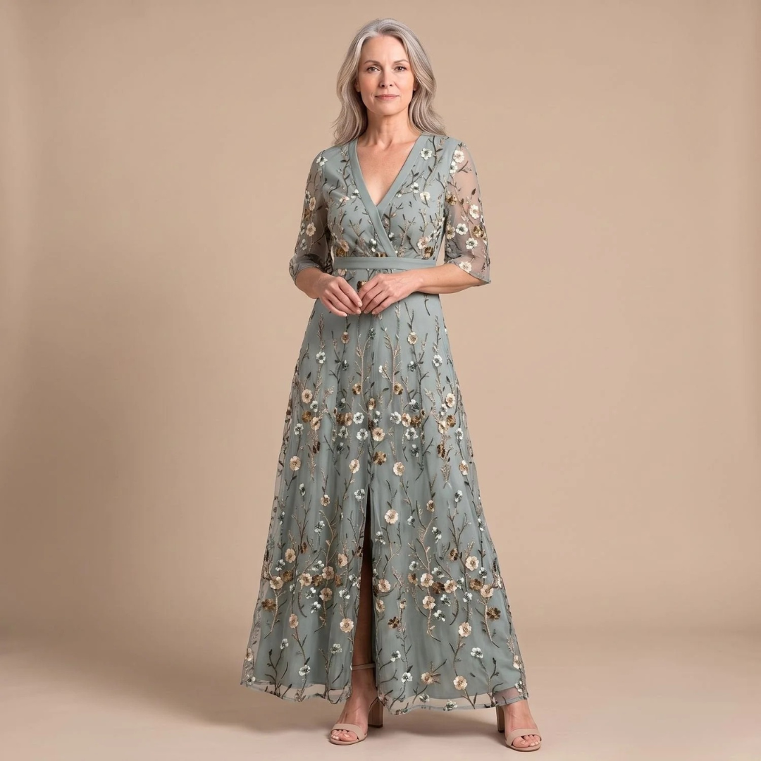 Angelika | Damen Abendkleid mit V-Ausschnitt und Langarm