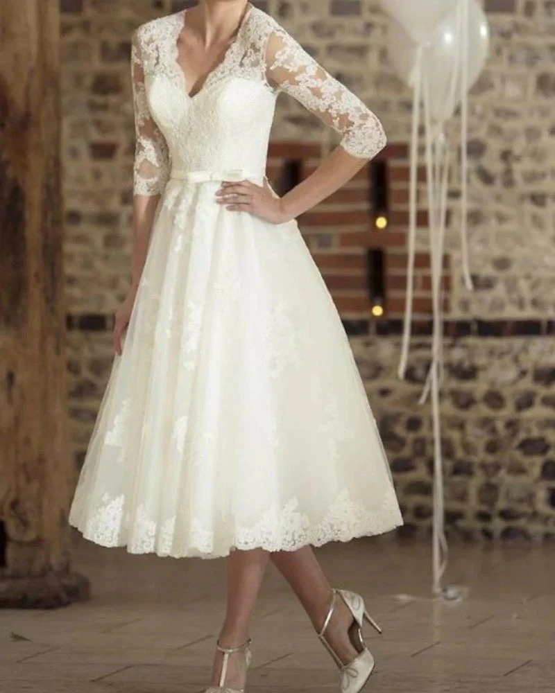 Anna | Damen Hochzeitskleid Midi mit 3/4 Ärmeln Vintage