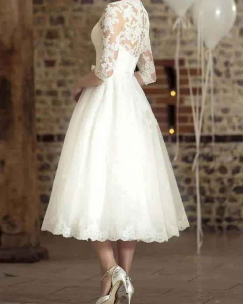 Anna | Damen Hochzeitskleid Midi mit 3/4 Ärmeln Vintage