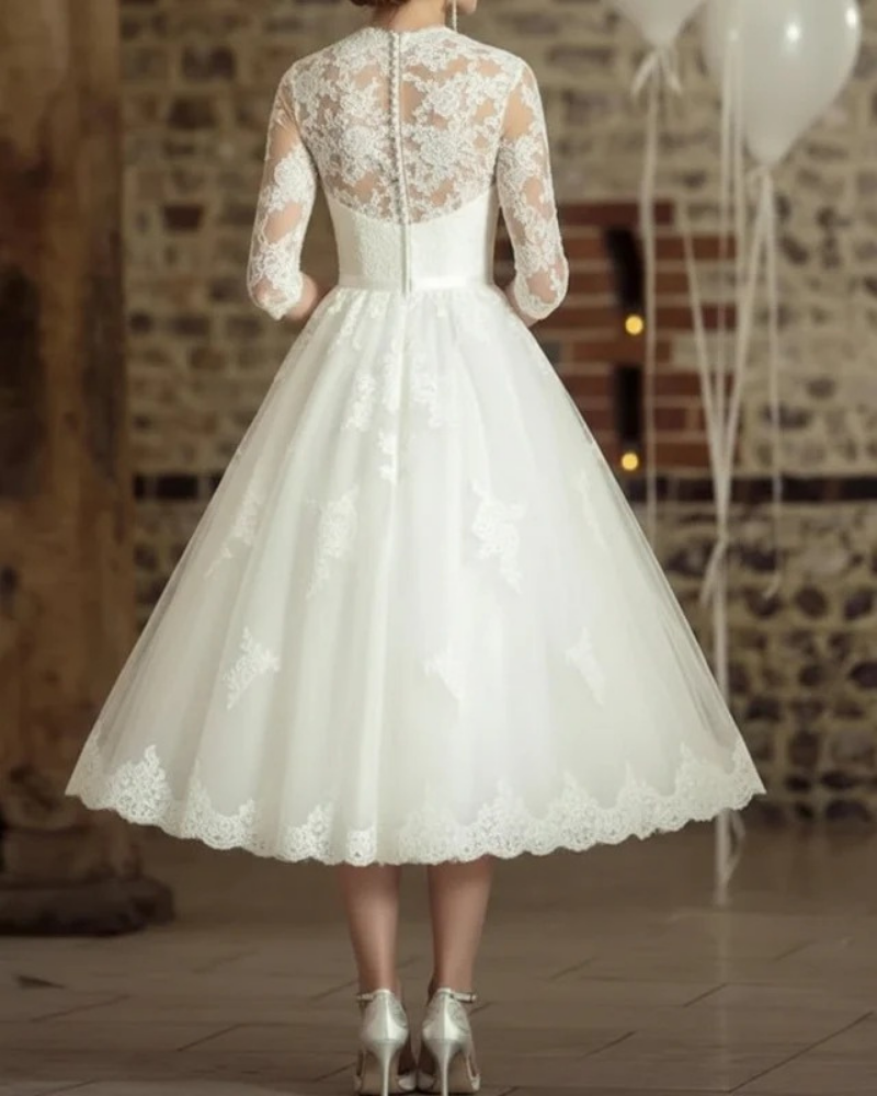 Anna | Damen Hochzeitskleid Midi mit 3/4 Ärmeln Vintage