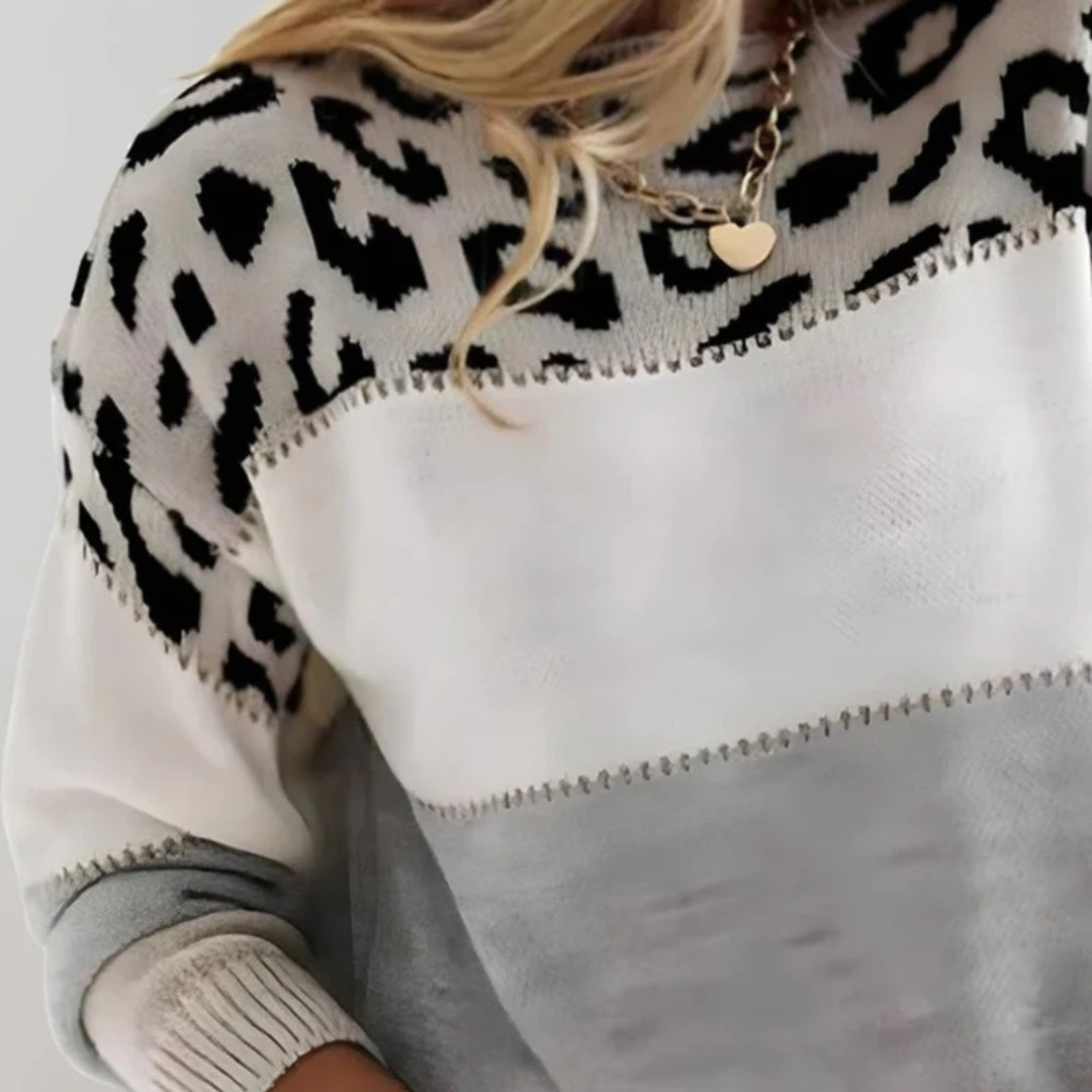 Annette | Damen Pullover mit Leo Muster und Kontrast