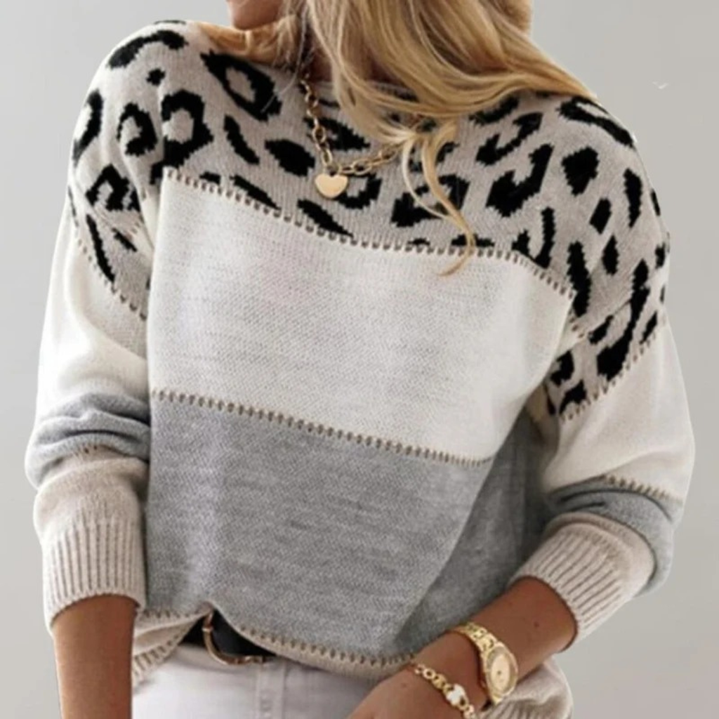Annette | Damen Pullover mit Leo Muster und Kontrast
