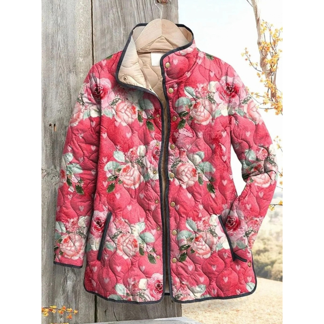 Antonia | Damen Rosa Jacke mit Blumen, Druckknöpfen und Stehkragen