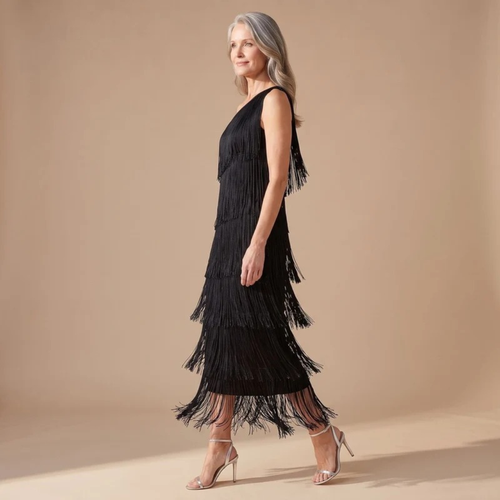 Ariane | Damen Abendkleid mit Fransen und Ein-Schulter