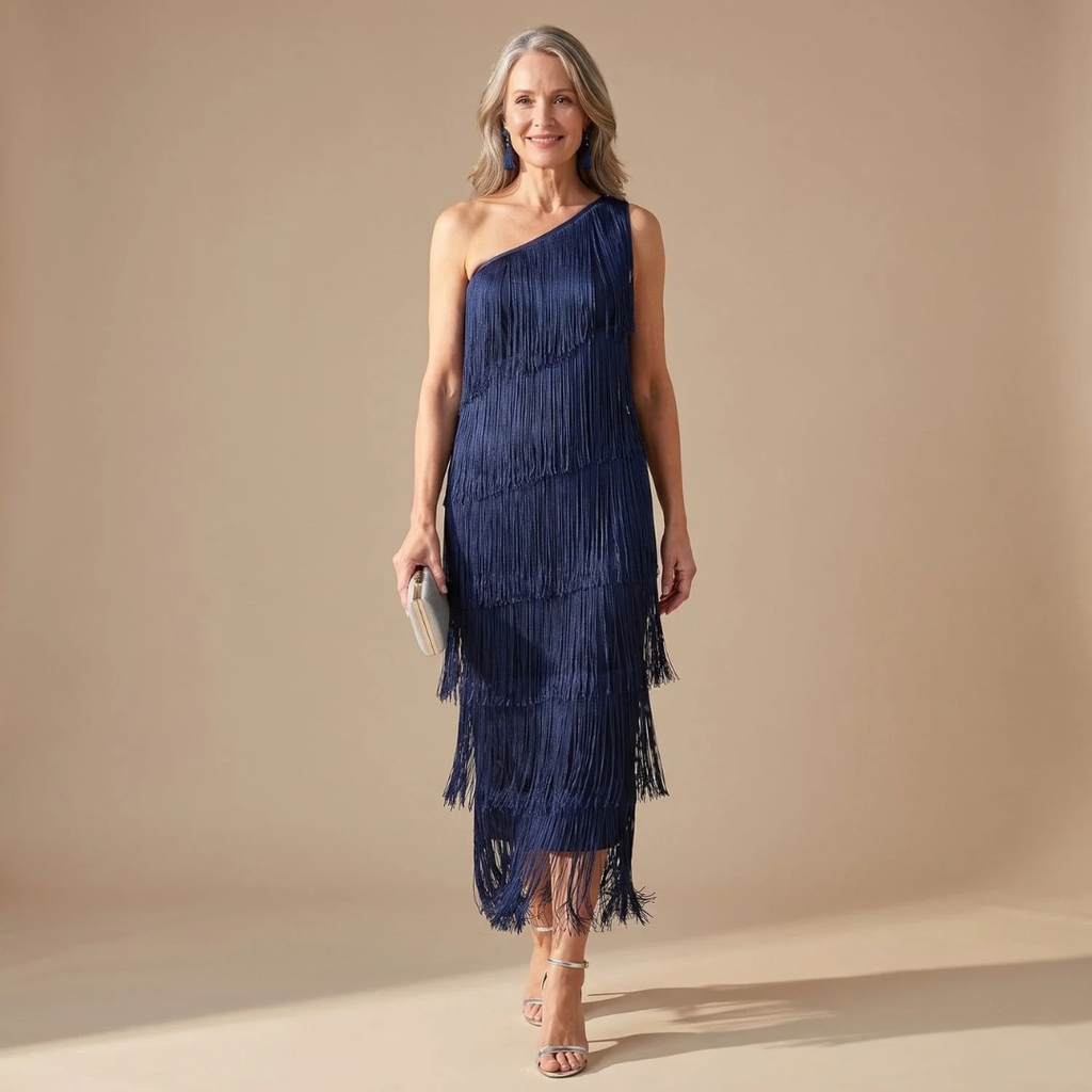 Ariane | Damen Abendkleid mit Fransen und Ein-Schulter