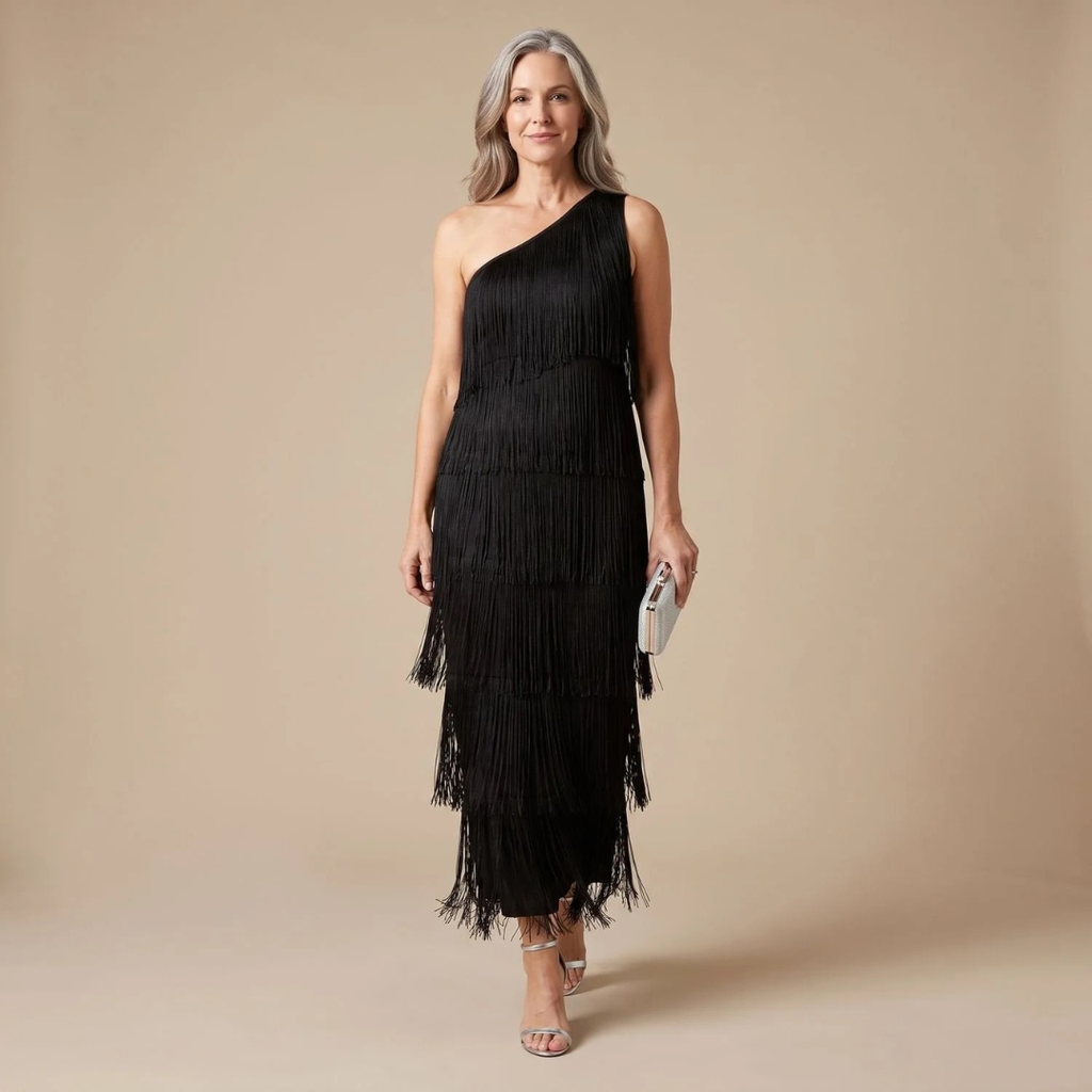 Ariane | Damen Abendkleid mit Fransen und Ein-Schulter
